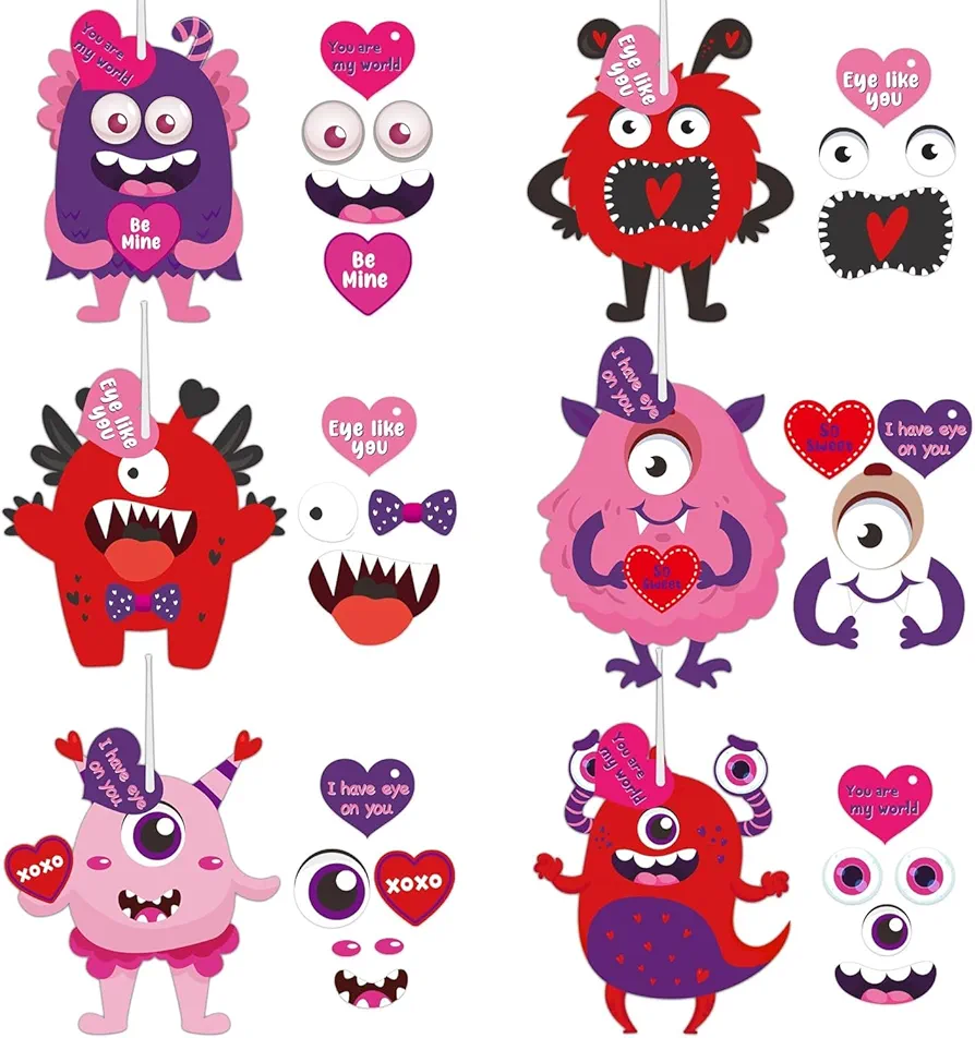 Haooryx 30Pcs Valentine's Day Monster Craft Ornaments Kit for Kids DIY Monster Paper Craft Ornaments Make Your Own Valentines Monster Cards Hanging Decorations Home Decor Classroom Handcraft Supplies