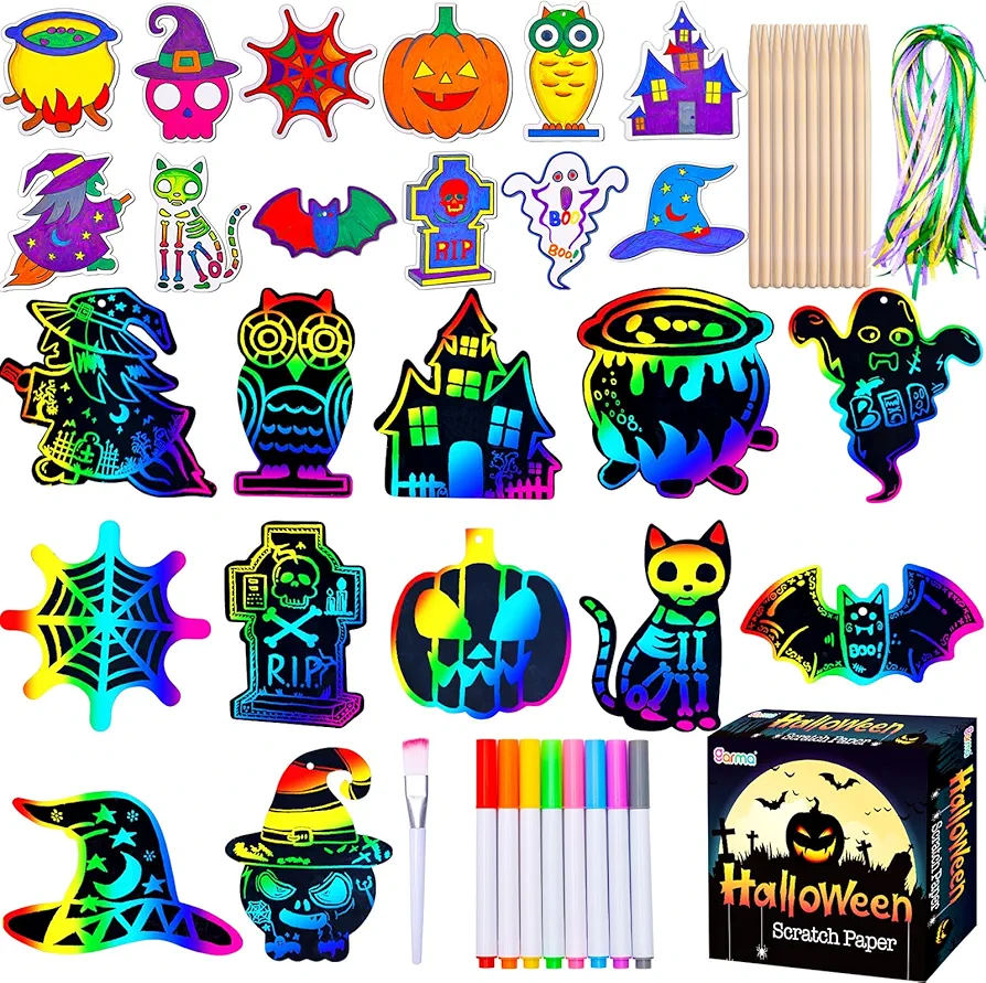 Garma Scratch Paper Craft for Kids - 72 Pcs Halloween Magic Rainbow Scratch Paper Off Cards Set for Kids Crafts Arts Supplies Halloween Party Games Classroom Activities