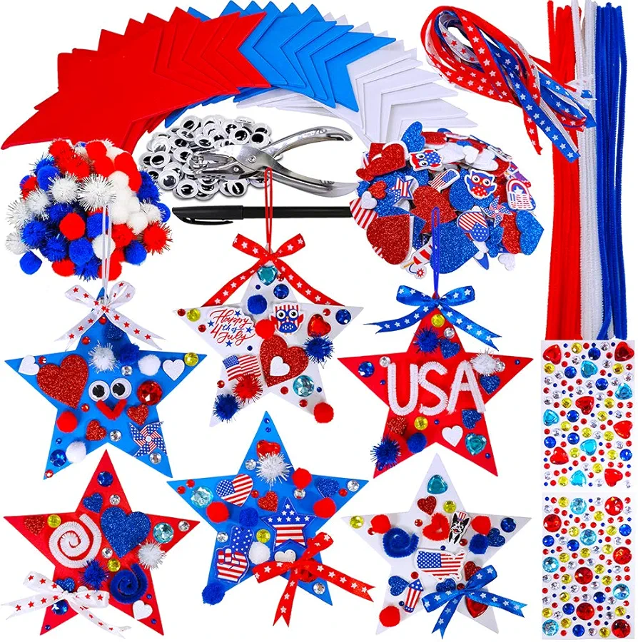 Winlyn 18 Sets 4th of July Craft Kits Patriotic Kids Crafts DIY Patriotic Star Ornaments Decorations Art Sets Red White Blue Star Foam Shapes Patriotic Foam Stickers for Classroom Party Activities