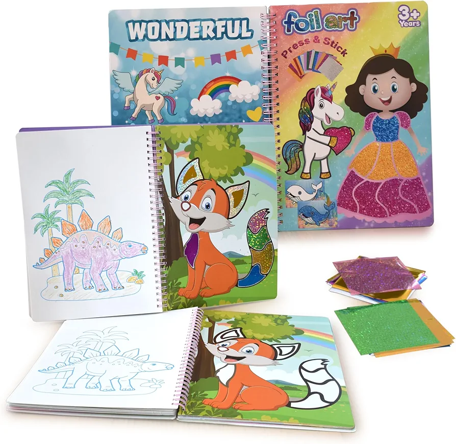 FLAIDO Kids Foil Art & Craft Kit - Foil Fun Animal & Princess Set, Foil Sticker Craft Kit & Supplies, Travel Toys & DIY Creative Activities, Birthday Gifts for Boys & Girls 4 & Up