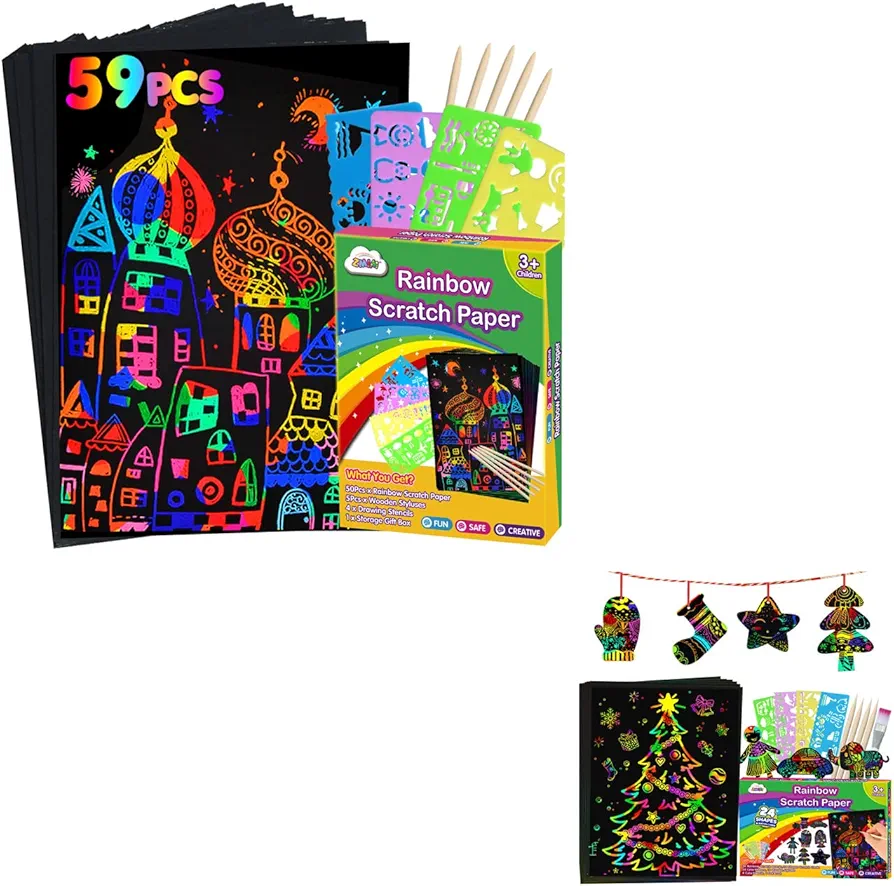 ZMLM Scratch Paper Art Set for Kids: Magic Drawing Art Craft Kid Black Scratch off Paper Supply Kit for Age 3 4 5 6 7 8 9 10 Girl Boy Holiday|Party Favor|Birthday Gift