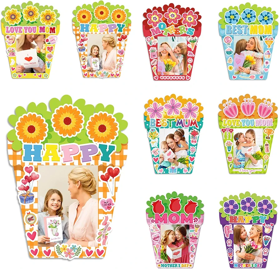Mother's Day DIY Craft Kits for Kids 24 Packs DIY Love You Mom Flower Photo Frames Set with Stickers Paper Picture Frames Funny Mother's Day Gifts Craft for Classroom Kindergarten Party Decor