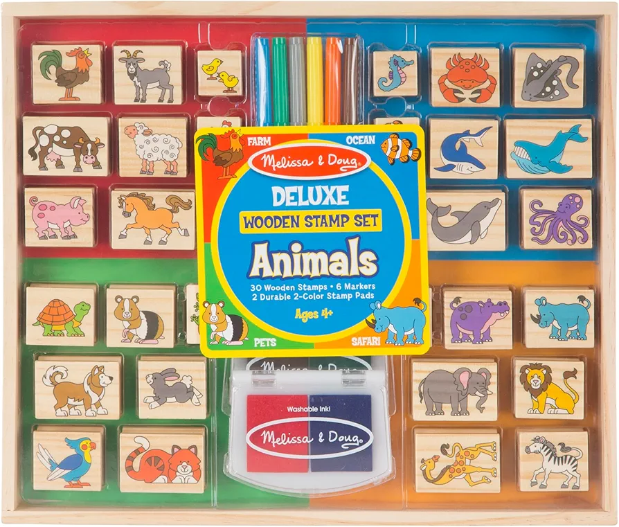Melissa & Doug Deluxe Wooden Stamp Set: Animals - 30 Stamps, 6 Markers, 2 Stamp Pads - Kids Art Projects, With Washable Ink, Wooden Animal Stamps For Ages 4+