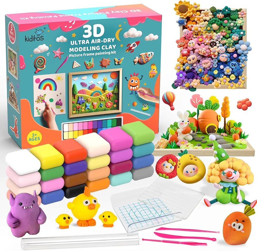 Air Dry Clay with Picture Frame,24 Colors Modeling Clay Painting DIY Kit for Kids and Adults,Soft&Ultra Light,Christmas&Birthday Gifts Education Craft Toy with Sculpting Tools