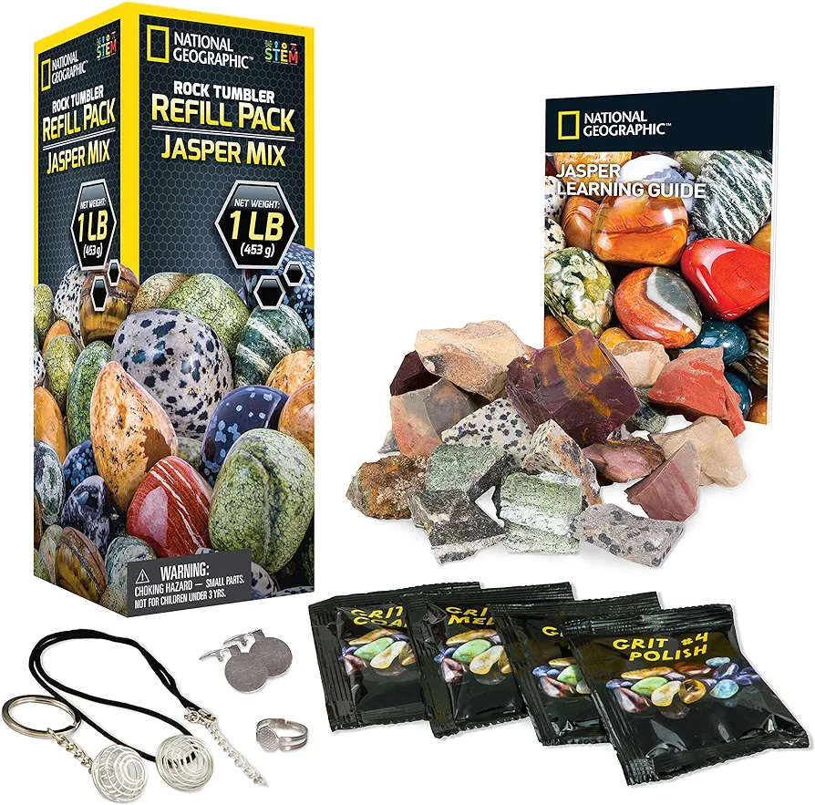 Rock Tumbler Refill Kit - 1 Lb. Jasper Rocks for Tumbling - 8 Varieties including Mookaite and Kabamba - Rock Tumbler Supplies include Rock Tumbler Grit and Jewelry Accessories