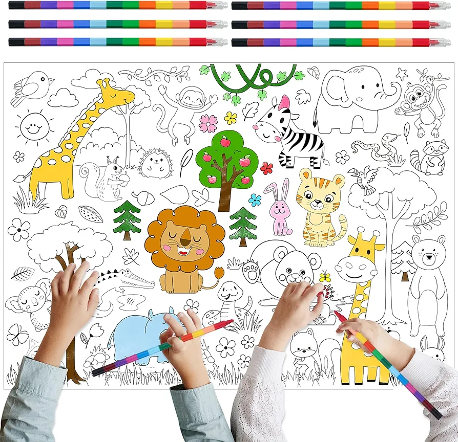 Giant Jungle Wild Animals Coloring Poster with 6 Stacking Crayons, Safari Zoo Party Favor Jumbo Paper Poster Wall Doodle Art Large Coloring Poster Banner for Home School Classroom Supplies, 43x 31Inch