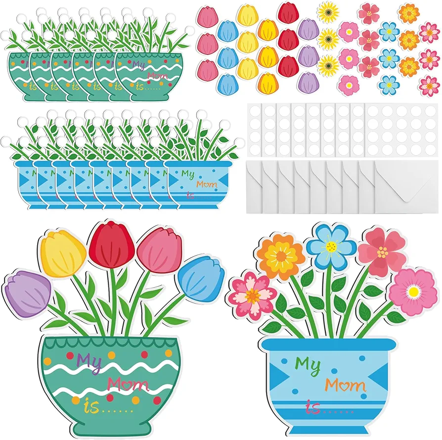 Kolldenn 48 Packs DIY Mother's Day Gifts Mother's Day Craft Kits with 288 Pcs Flower Card and Envelope Handmade Happy Mother's Day Flower Pot Greeting Cards Set for Kids Activities Decor School