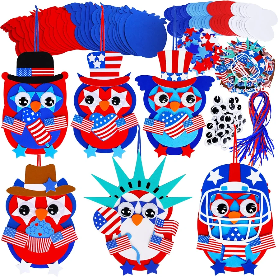 Winlyn 24 Sets Patriotic Craft Kits 4th of July Crafts DIY Owl Ornaments Decorations Art Sets Foam Owl with Red White Blue USA Flag Patriotic Star Stickers for Kids Party Favors Classroom Activities