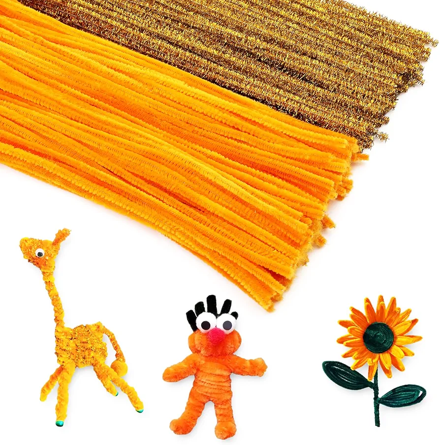 200 Pieces Christmas Gold Pipe Cleaners Chenille Stem Set,100 Pieces Orange +100 Pieces Glitter Gold Craft Pipe Cleaners,DIY Fuzzy Sticks,Pipe Cleaners Bulk for Arts and Crafts, Xmas Home Decoration