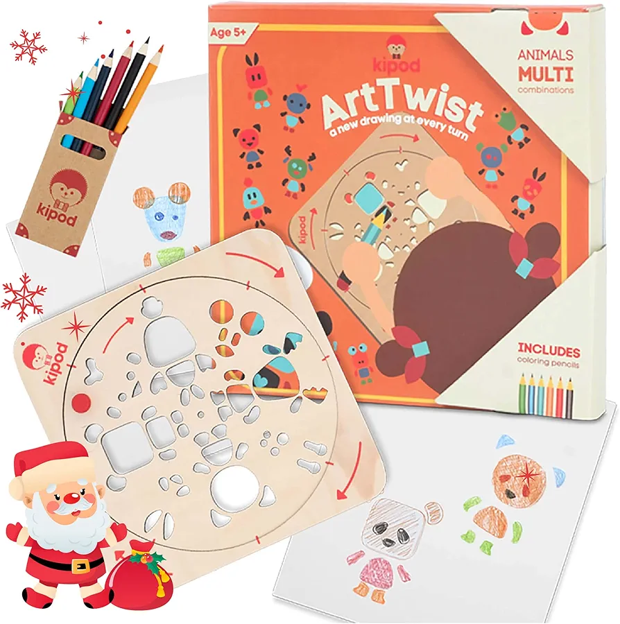 ArtTwist Drawing Stencils Kit for Kids – Rotating Wooden Spin Art with 6 Colored Pencils and 5 White Papers – Montessori Arts and Crafts Gift - Set for Boys and Girls Ages 5-12