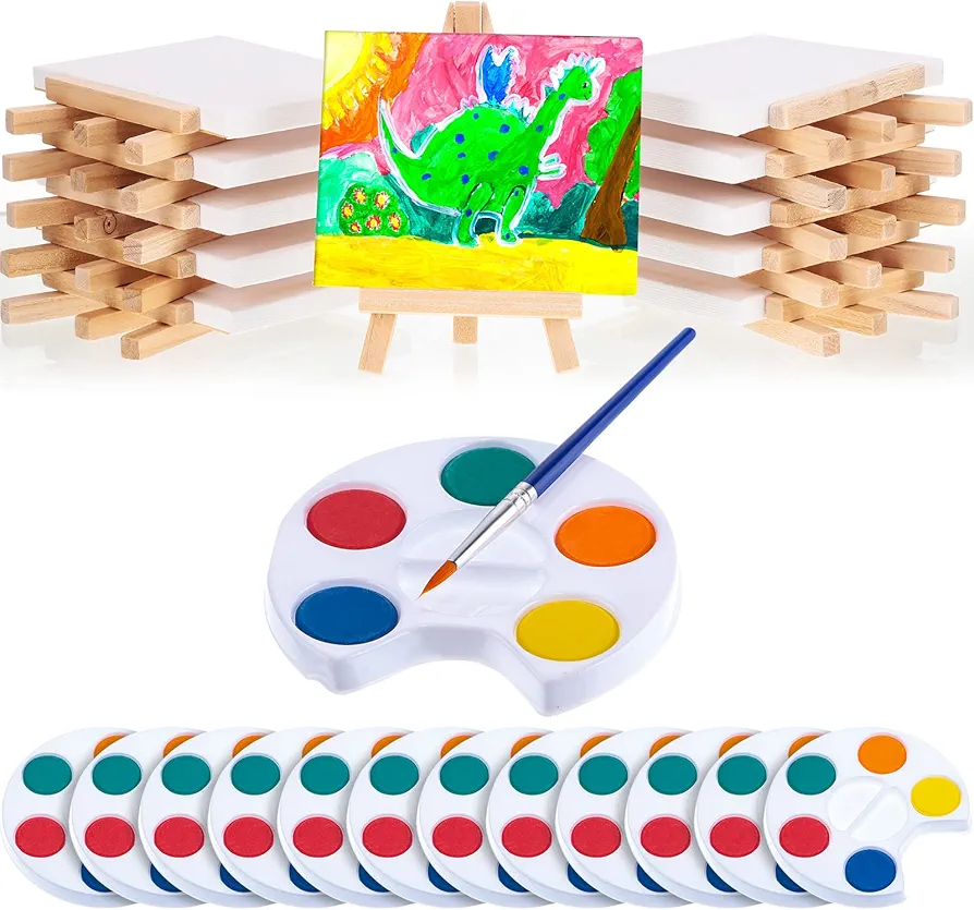 Glenmal Watercolor Paint Sets 3 x 4 Small Painting Canvas with Easel Paints Brush Set Kids Art Party Favors and Party Supplies Washable Watercolor Bulk for Kids Birthday Prizes (12 Sets)