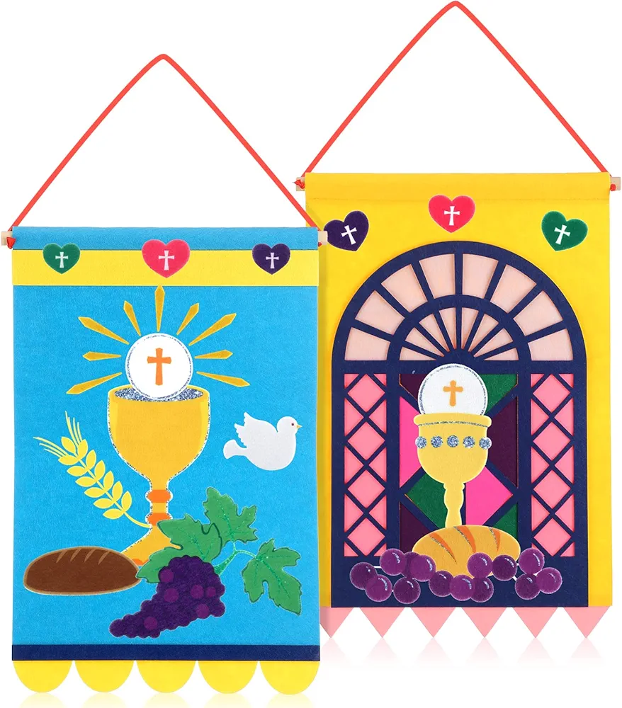 Oudain 2 Sets First Communion Banner Kit for Boys Girls Catholic Craft Pack Pew Decoration DIY Holy Communion Banner Church and Sunday School Crafts for Kids First Communion Felt Decor Set