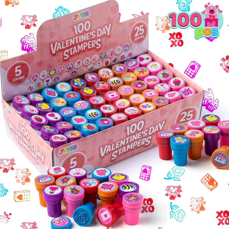 JOYIN 100 Pcs Valentine's Themes Stamper, 25 Designs Arts & Crafts Stamper for Valentines Day Party Favors, Classroom Exchanging Gifts, Classroom Holiday Reward Prizes
