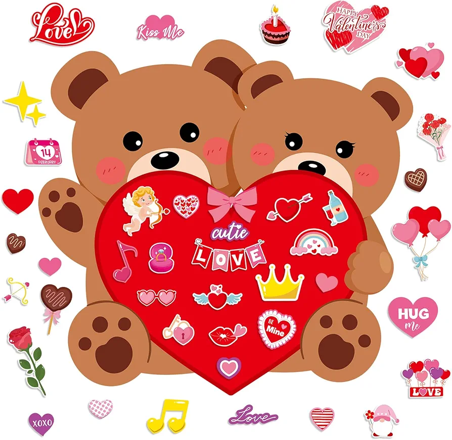 Capoda 2.5ft Valentines Felt Bear Set DIY Heart Bear Felt Crafts Board with 42 Detachable Ornaments Valentine's Day Felt Art Craft for Girls Boys Wall Home Office Hanging Decorations
