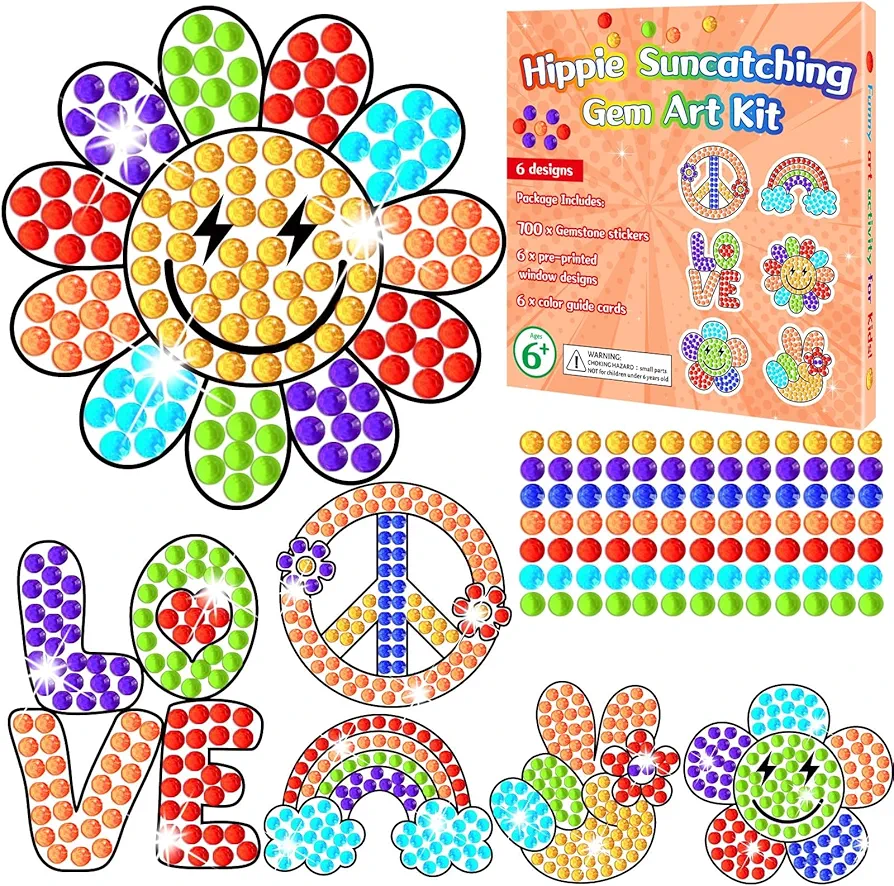 Qyeahkj 6 Pcs Groovy Arts and Crafts, Retro Art Crafts Boho Hippie Suncatcher Kits for Children at 6-8, 70s Groovy Dot Art DIY Diamond Painting Coloring Kits Window Clings Stickers for Kids