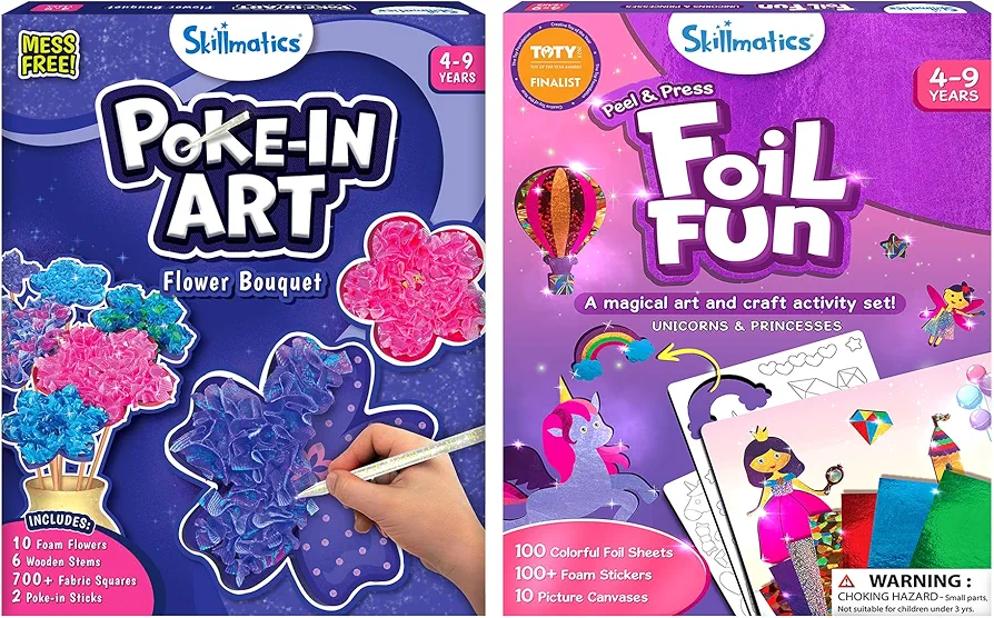 Skillmatics Poke in Art Flower Bouquet & Foil Fun Unicorns & Princesses Bundle, No Mess Art for Kids, DIY Creative Activity, Gifts for Boys & Girls Ages 4, 5, 6, 7, 8, 9