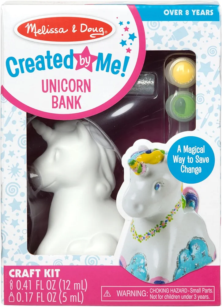Melissa & Doug Created by Me! Decorate-Your-Own Unicorn Bank Craft Kit with 6 Pots of Paint, Glitter Glue, Paintbrush