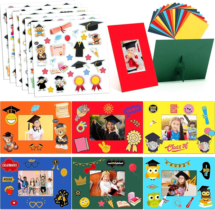 60 Packs Graduation Picture Frame Craft Kits for Kids Kindergarten Preschool Congrats Grad DIY Craft Picture Frame with 60 Stickers for Kids Graduation Party Classroom Game Activities DIY Art Supplies