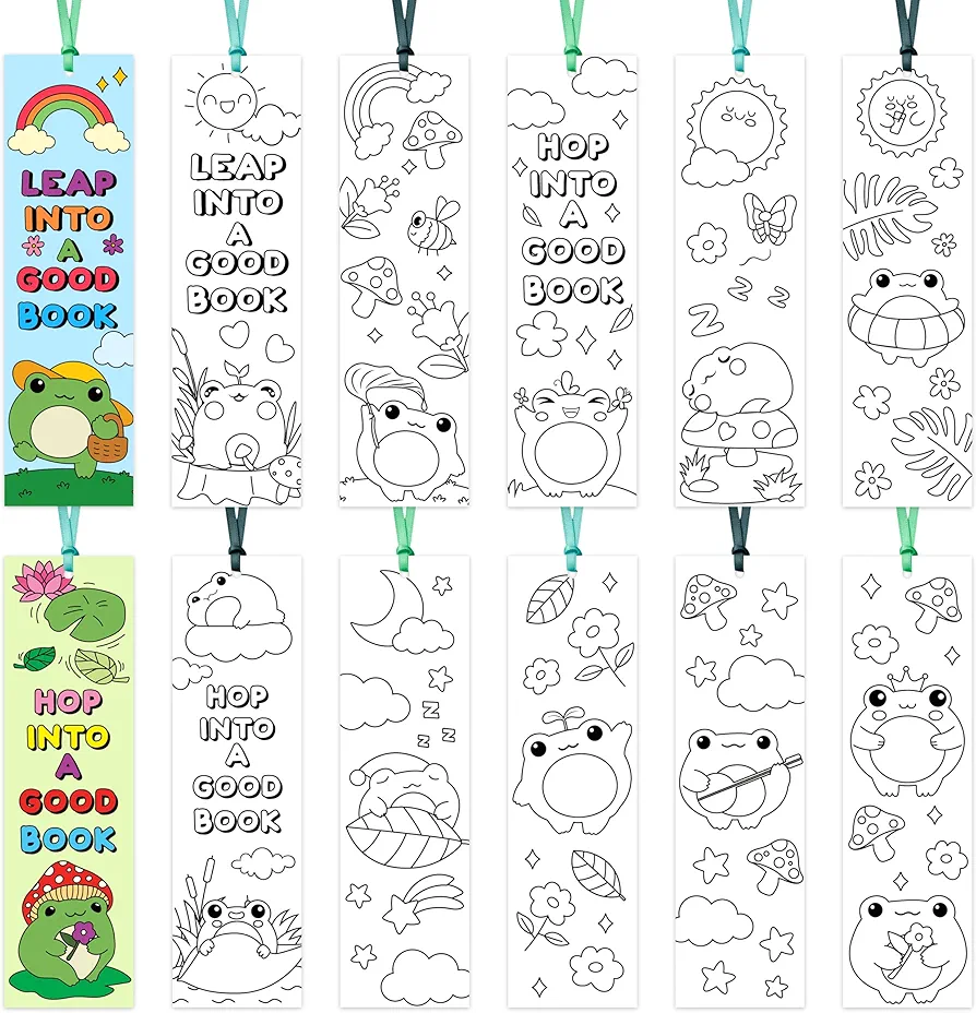 ANGOLIO 123Pcs Cute Frog Color Your Own Bookmarks for Kids Spring Frog Theme DIY Coloring Blank Bookmark Classroom Art Craft Supplies for Back to School Students Gift Party Reward Goodie Fillers