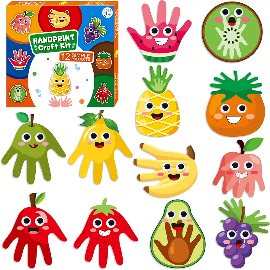 WATINC Fruit Handprint Art Craft - 12Pcs Pineapple Orange Grape Avocado Easy DIY Kit, Kiwi Watermelon Banana Lemon Arts Supplies Preschool Classroom Hand Print Activity Party Favors for Kids Toddlers