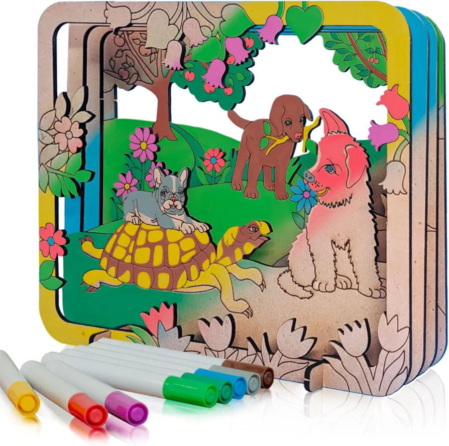 Made in USA - Puppies n' Turtle Layerscape Art Kit - Arts and Crafts for Kids Ages 8-12, 6-8, 4-6 - Fun Mess Free Coloring Activity - Creative Kids Toys and Great Travel Toys - Arts & Crafts