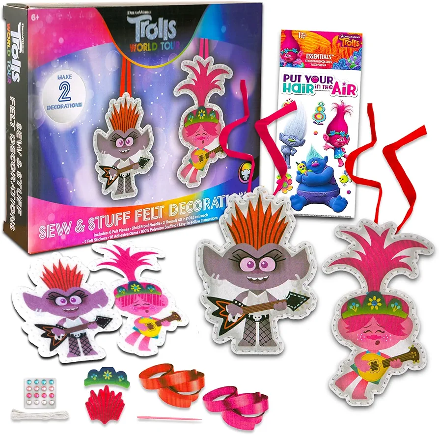 Trolls DIY Ornament Set - Bundle with DIY Trolls Ornament Sewing Craft Kit with Felt, Thread, and More Plus Trolls Stickers | DIY Christmas Ornaments
