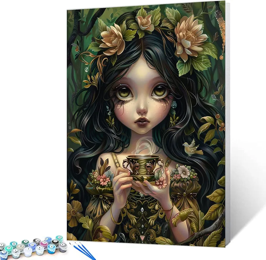 Forest Princess DIY Paint by Numbers Kits with Brushes and Acrylic Pigment Girl with Flowers Canvas Painting for Adults Kids Tropical Plants Picture Arts Craft Home Decor Boho Gift(16"'x20"inch)