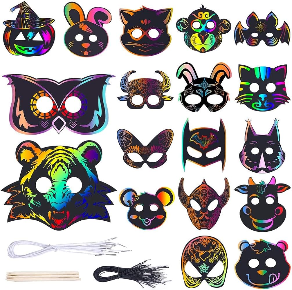 AUGSUN Halloween Crafts, Rainbow Scratch Mask for Halloween Party Favors Supplies Magic Scratch Paper Art Mask for Kids