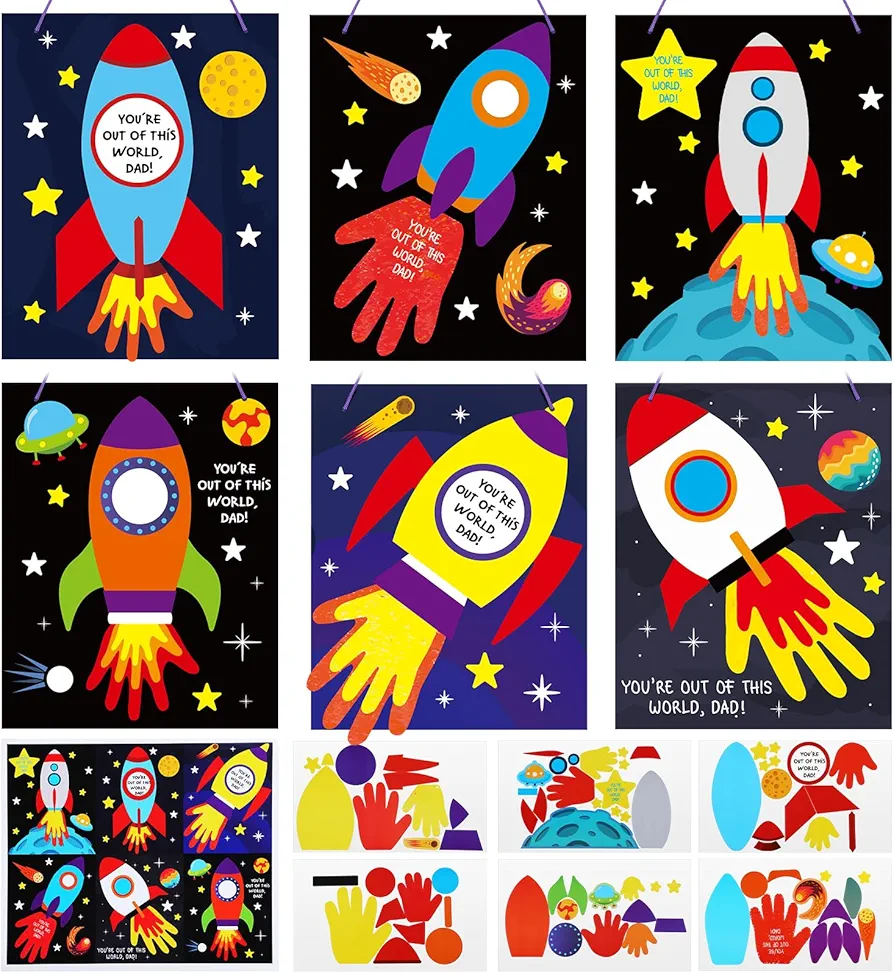 30 Sets Father's Day Crafts for Kids, DIY Father's Day Handprint Rocket Sign Craft Kit Out of This World Dad Hanging Craft Gift for Kids Father's Day Party Favor Home Classroom Fun Activities