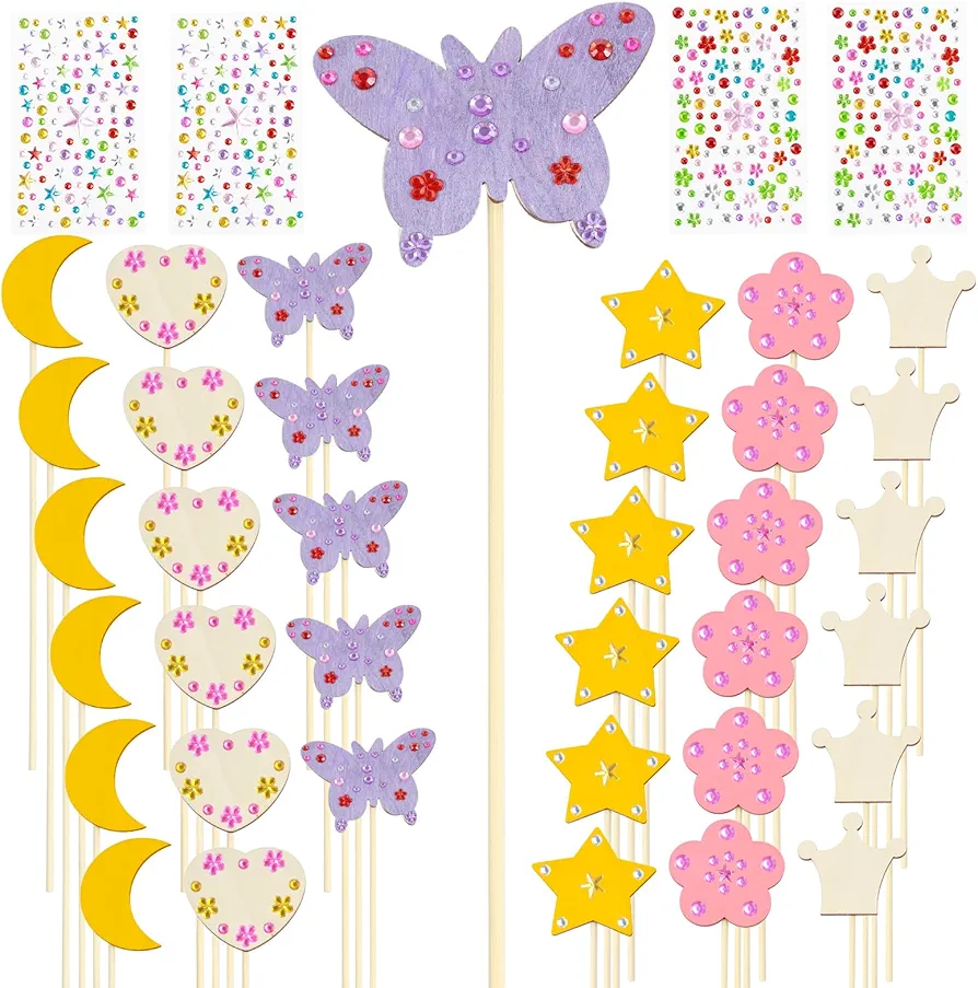 24/36PCS Princess Fairy Wands Kit, Include 6 Styles Unfinished Wood Princess Wand with Gem Stickers, Make Your Own Princess Wand, DIY Art Craft for Halloween Cosplay and Party Accessories (24)