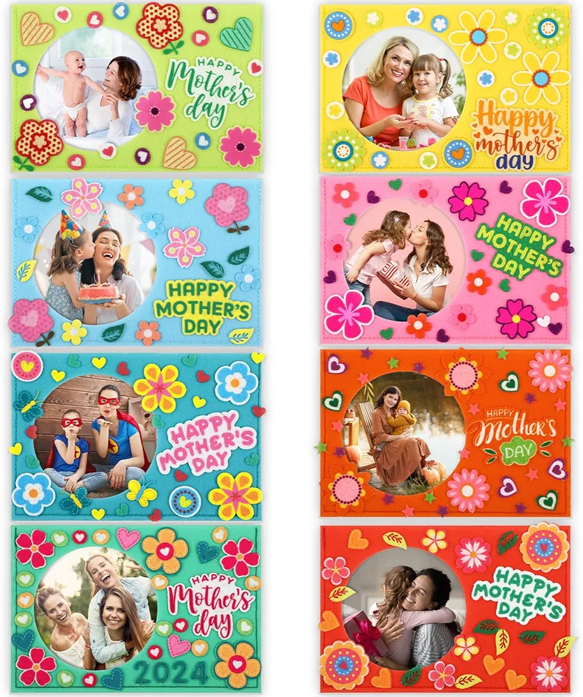 Geelin 24 Set Mother's Day Picture Frame Craft Kit for Kids Colorful Felt Photo Frame with 168 Pcs Heart Flower Foam Stickers Happy Mothers Day DIY Craft Gift for Classroom Activities (8 Styles)