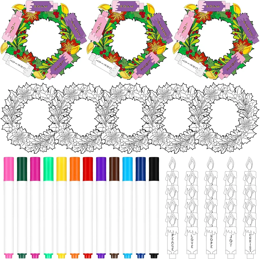 Zhanmai 24 Sets Christmas Advent Wreath Craft Kit for Kid with 12 Colored Markers Color Your Own Advent Wreath Candle Craft Kit with Word Love Joy Christ Peace Hope for Fun Home School Church Activity
