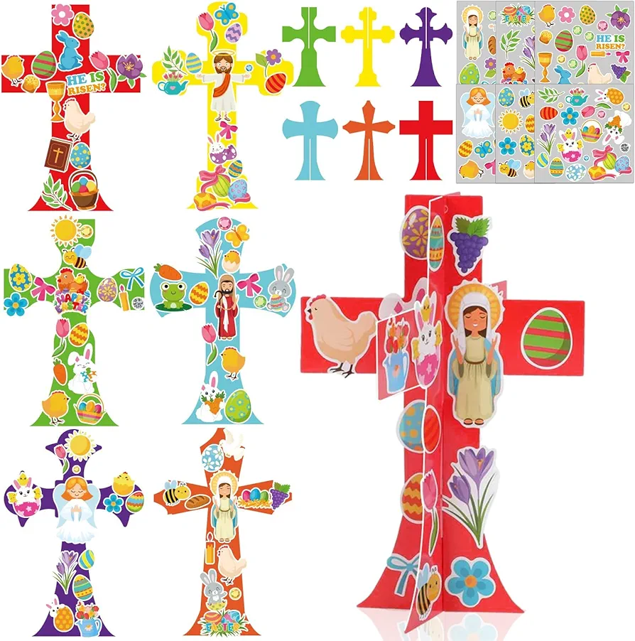 Qyeahkj 30 Pack Sunday School Religious Cross Crafts Kit for Kids Jesus He Lives 3D Art Project Stickers Ornament Make Your Hanging Crafts for Kids Religious Sunday School Christian Classroom Game