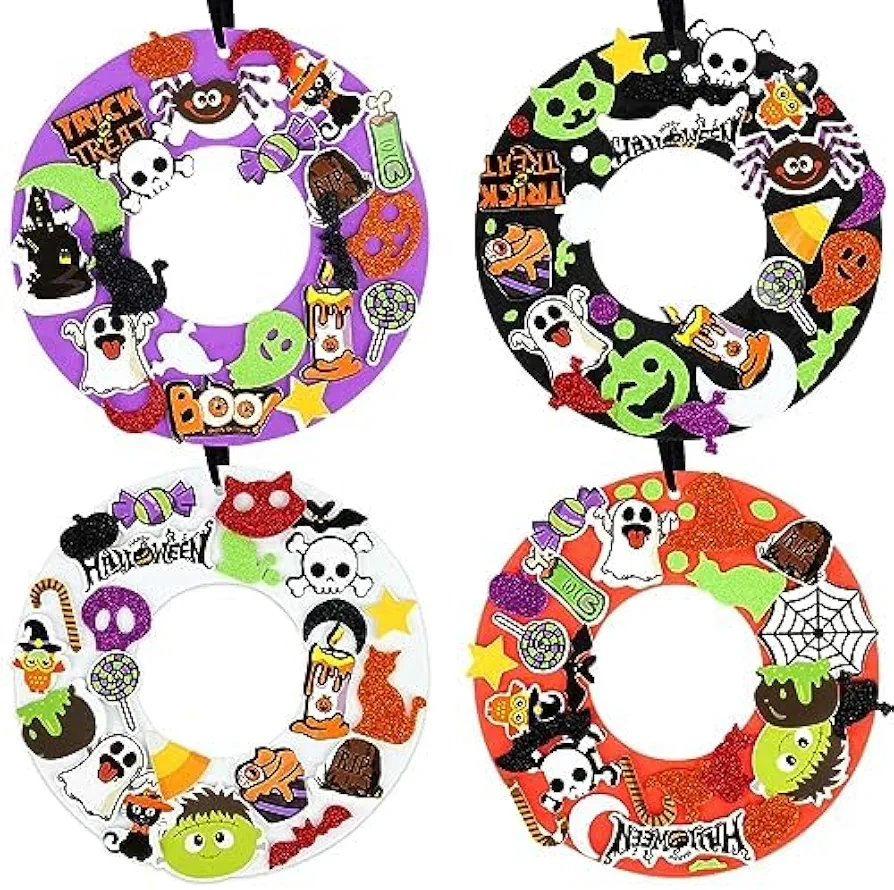 12 Sets Halloween Wreath Craft Kit for Kids,Foam Wreath Fake Spider with Ghost Witch Hat Pumpkin Foam Stickers,Halloween Home Classroom and Art Crafts Party Decor