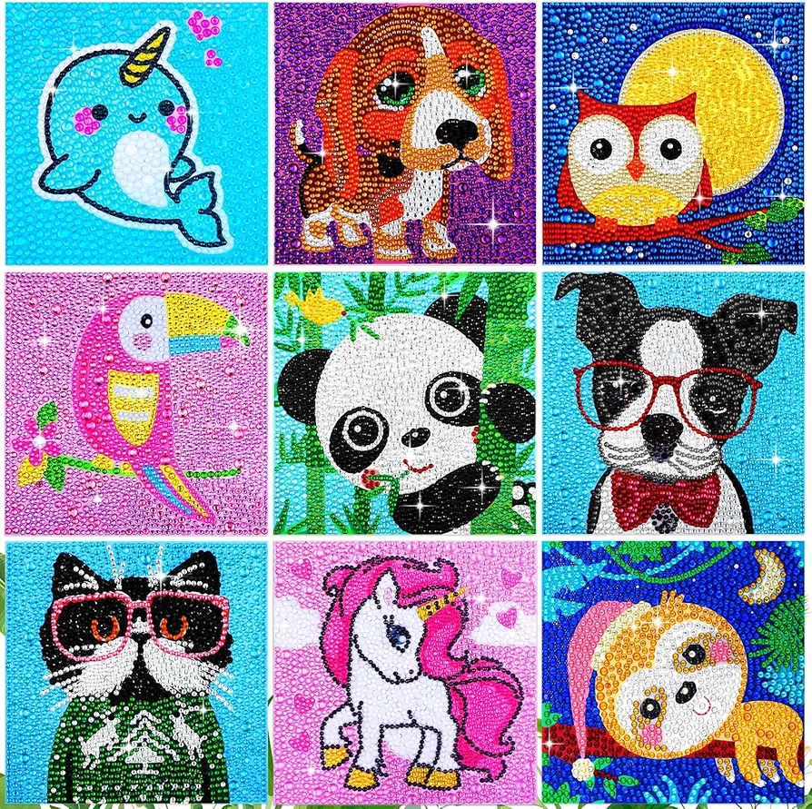 MTLEE 9 Pcs Rhinestone Painting Kids Kit for Ages 8-12 5d Painting Rhinestone Animal Gem Art Puppy Panda Rhinestone Painting for Kids Beginners DIY Crafts Set Home Wall Decoration 6 x 6 Inch