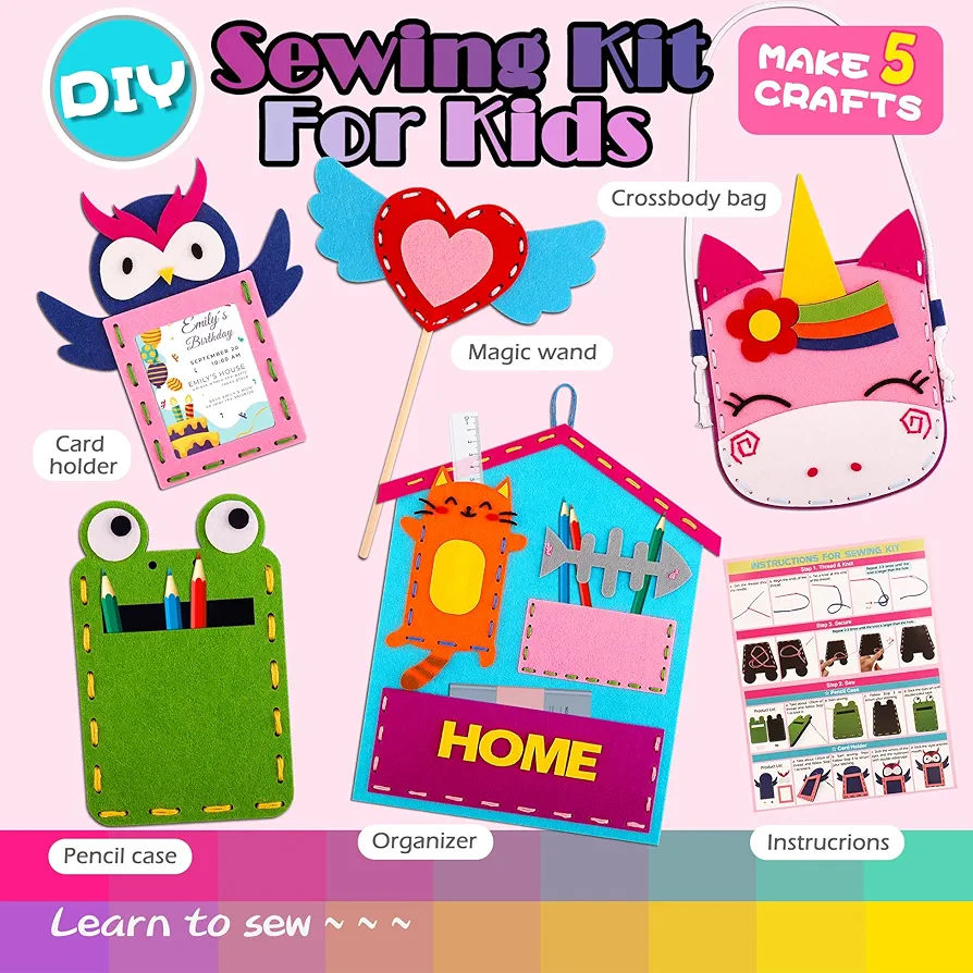 First Sewing Kit for Kids Age 4-7 5-8, Sew Fun Felt Crafts Activities for 4 6 Year Old Girls, Toddler Art & Craft Starter Embroidery Kits Ages 4-8 6-8, Children Sewing Project 5 7 8 + yrs