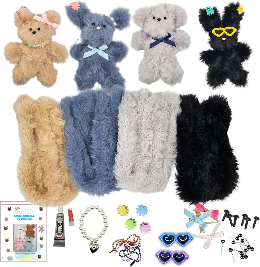 Moru Fur Pipe Cleaner Craft Kit #3, Super Soft, Thick, Long Mink for DIY Art & Craft. with Decorative Accessories (Eyes/Nose/Ribbons),Tutorial (Combo 2 (Beige, Light Grey, Dusy Blue, Black))