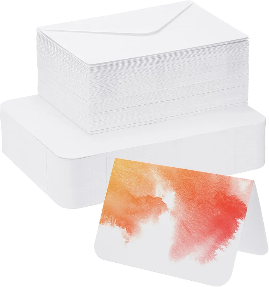PATIKIL 100 Sets Pure Cotton Watercolor Cards 140lb/300 GSM Postcards with Envelopes for Art Painting Creative Thank Notes, 4x6 Inch Foldable Size