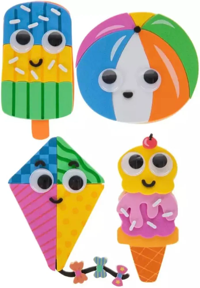Nikki's Knick Knacks Spring Fun Wiggle Eye Foam Craft Kit - DIY Spring Summer Craft Kit - Beach Balls, Ice Cream Cones, Kites, and Popsicles - Makes 12