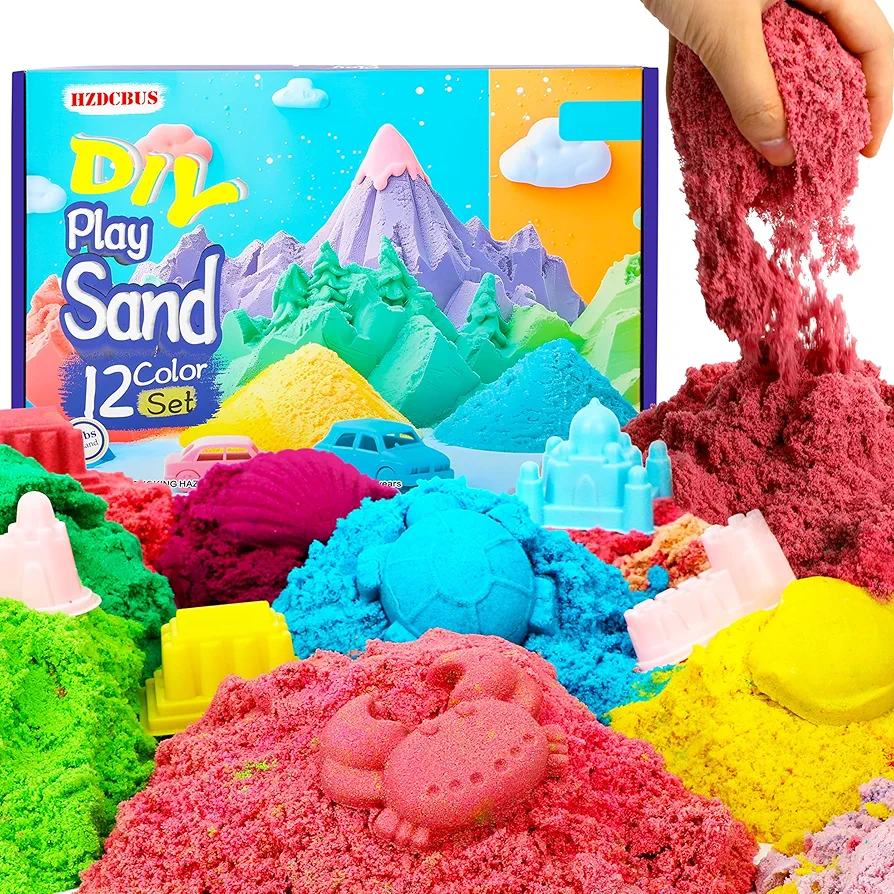 HZDCBUS Play Sand Bulk Kit, DIY 12 Color 6 Lbs Magic Sand 35 Molds and Tray Sensory Toy Sand Art & Crafts Activity Gift Kids for 4 5 6 7 8 9 Years