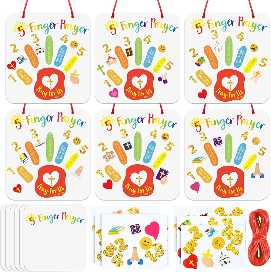 24 Sets Religious Crafts Kit for Kids 5 Finger Prayer Handprint Craft Make Your Own Christian Bible Craft for VBS Sunday School Classroom Church Activities