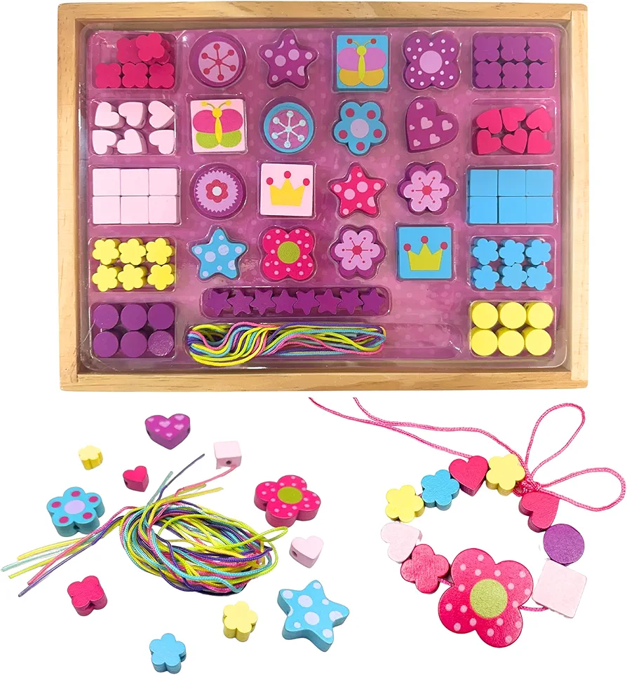 TOYSTER'S Wooden Bead Set for Toddler Girls | Colorful Wood Toy Jewelry Making Supplies for Kids | Bracelet and Necklace Making Kit | Children Arts and Crafts Help Improve Fine Motor Skills AC550