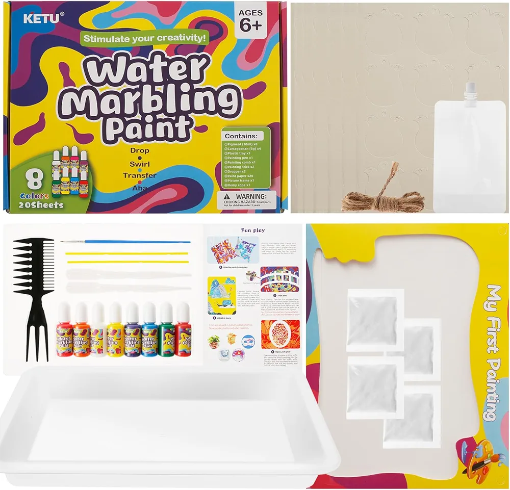 KOUISYY Water Marbling Paint Kit for Kids, Marbling Art Kit for Kids, Non-Toxic Creative Paper Marbling Paint Craft Set, Magic Water Painting Arts and Crafts Supplies for Girls Boys Birthday Present