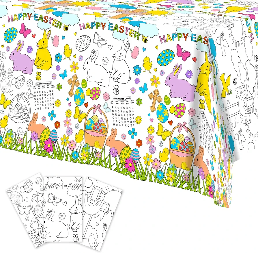 RAYNAG 3 Pieces Giant Easter Coloring Poster, Easter Huge Coloring Table Cloth for Kids, Jumbo Coloring Books for Boys Girls Preschool Kindergarten Classroom Arts and Crafts, 137 X 274cm/54 X 108inch