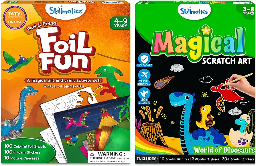 Skillmatics Foil Fun & Magical Scratch Art Book Dinosaurs Theme Bundle, Art & Craft Kits, DIY Activities for kids