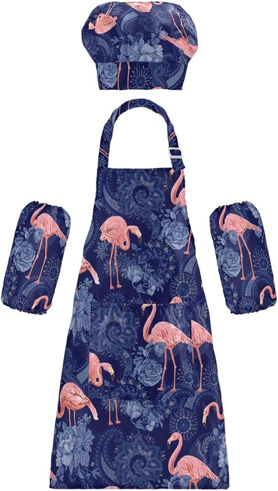 Flamingos Tropical Plants Kids Apron And Chef Hat Set for Boys Girls Cooking Adjustable Aprons Toddler Child Apron with Pocket Lightweight Art Chef Gardening Apron for Baking Painting Crafting