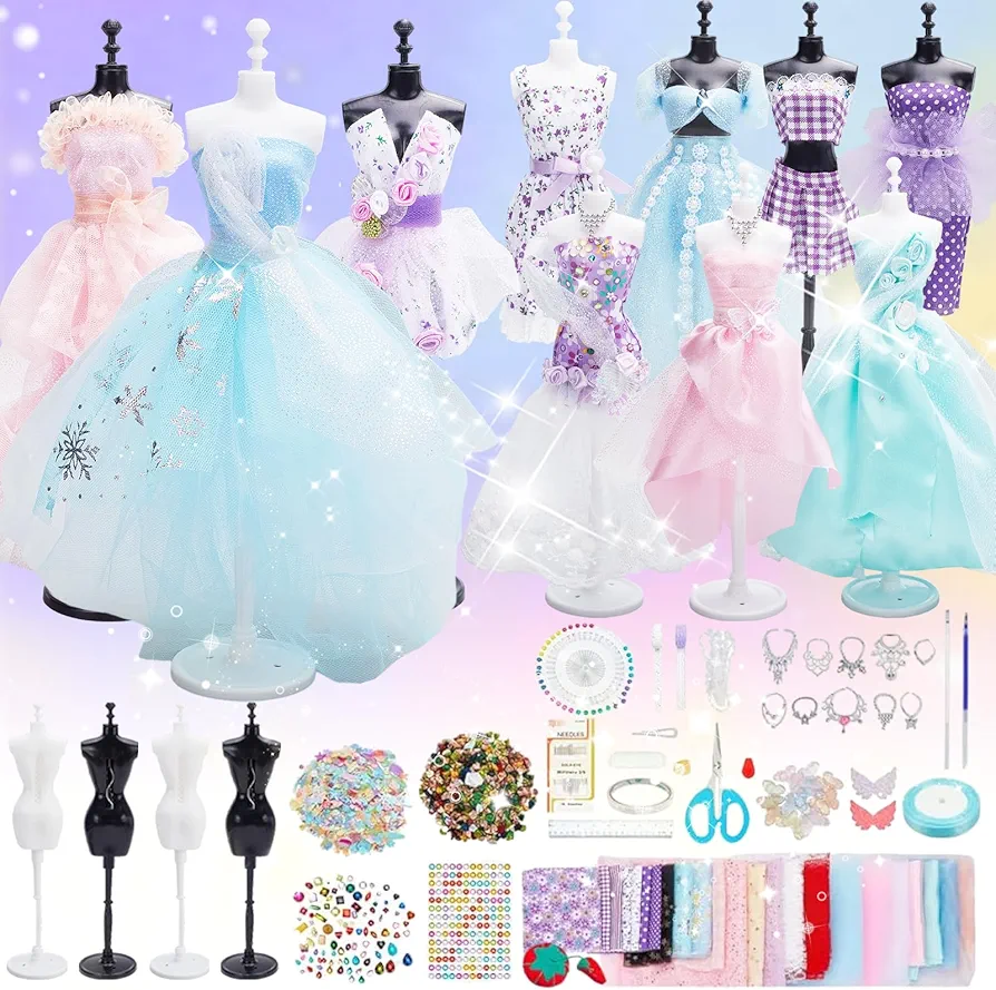 FREEBLOSS 600+Pcs Fashion Design Kits Sewing Kit for Kid Fashion Design Kit with 4 Mannequins Sewing Craft Kit Arts and Crafts Sewing Kit for Adults Dress Designer Kit for All Ages