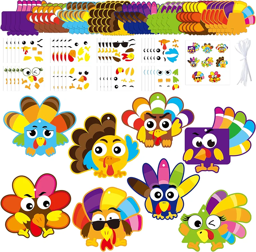 3sscha 40 Packs Fall Turkey Craft Kits for Kindergarten Kids - Thanksgiving Art Craft Make Your Own Turkey DIY Card Sticker Artwork Project for Home Preschool Classroom Game Students Activities
