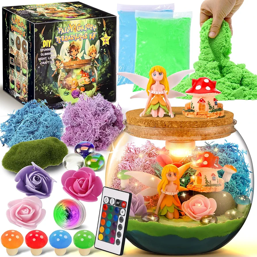 Weceit Fairy Garden Light Up Terrarium Kit for Kids, DIY Garden Art Toys Crafts for Girls 8-12, Kids Arts and Crafts Creative Activities, Birthday Gifts for Girls Ages 4 5 6 7 8-12 Year Old, HY-002