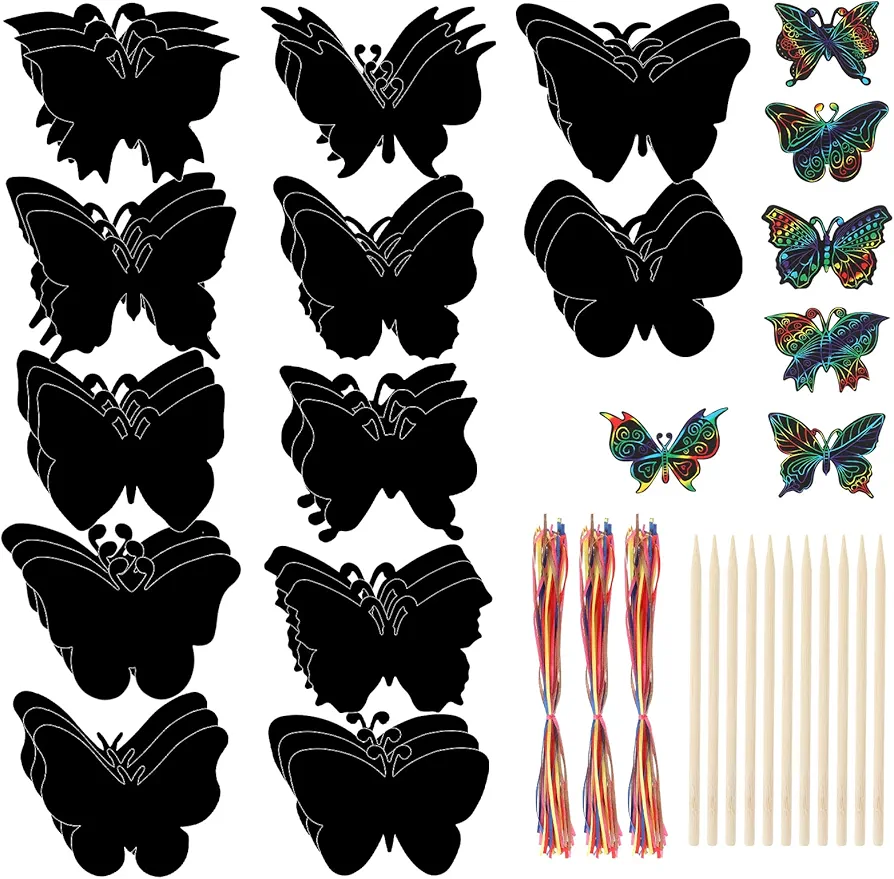 simarro 36Pcs Butterfly Scratch Cards, 12 Styles Rainbow Scratch Crafts Butterfly Party Favors with 12 Bamboo Stylus for DIY Crafts Home Decoration Art Project Games